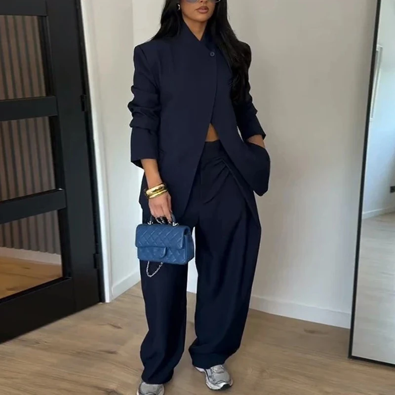 Fashion High Waist Wide Leg Pants Outfit Autumn Winter Formal Occasions Women's Suit V Neck Button Long Sleeve Blazer Office Set