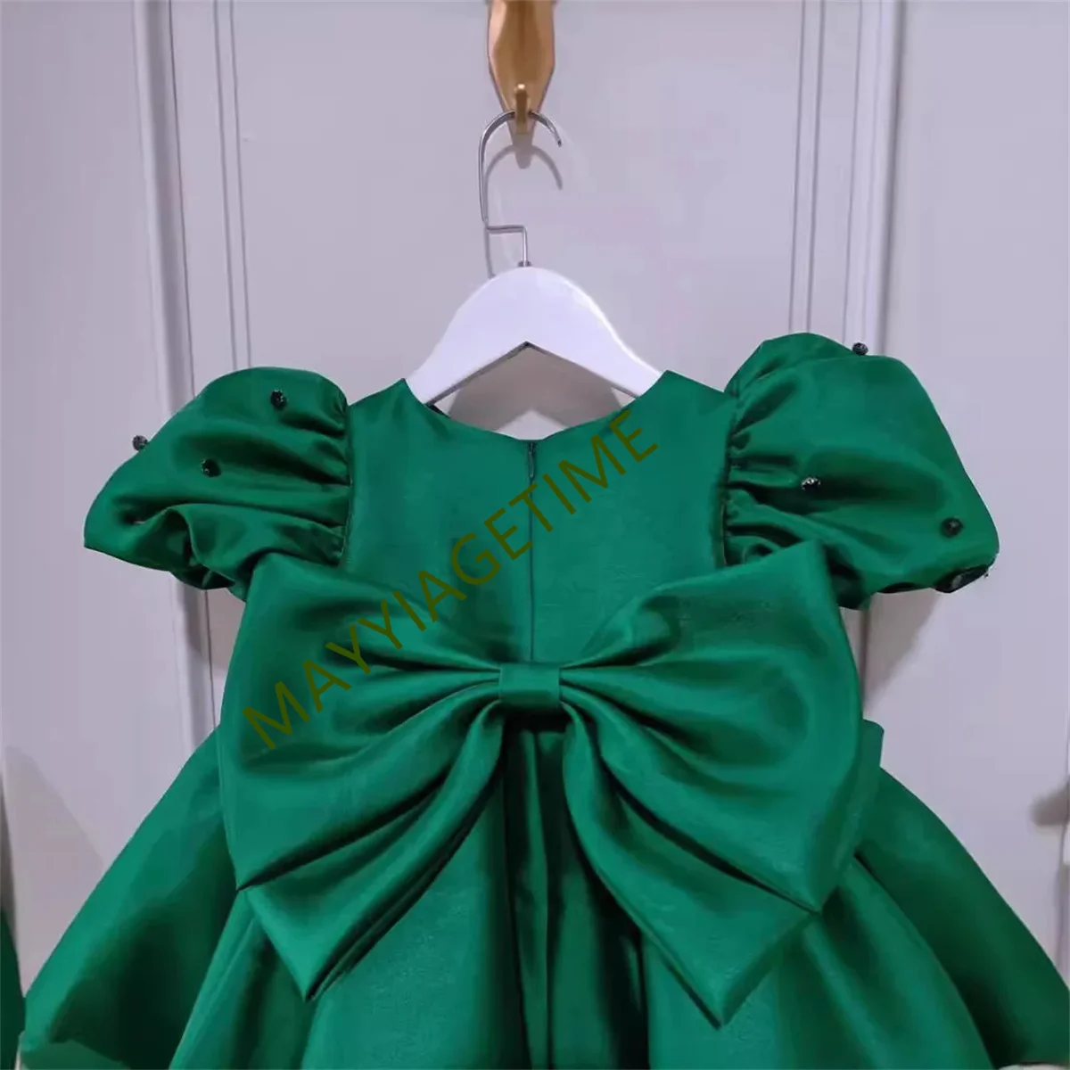 Summer Flower Girl Dress Scoop Neck Puff Girls Party Dresses for Wedding Short Sleeves Satin Kids Christmas Ceremonial Dress