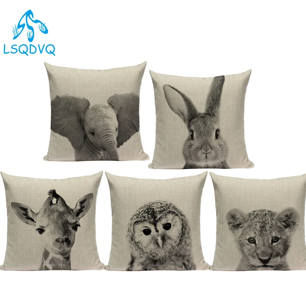 Sketch Black White Animals Elephant Horse Owl Throw Pillows Case Sofa Cushion Cover for Car Home Living Room Decoration