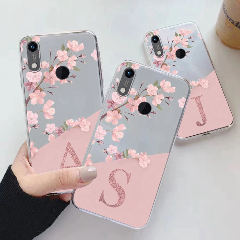 Fashion Pink Flowers Case For Huawei Y6 2019 with hole Back Cover Initial Letter Transparent Soft TPU Fundas For HuaweiY6 Coque