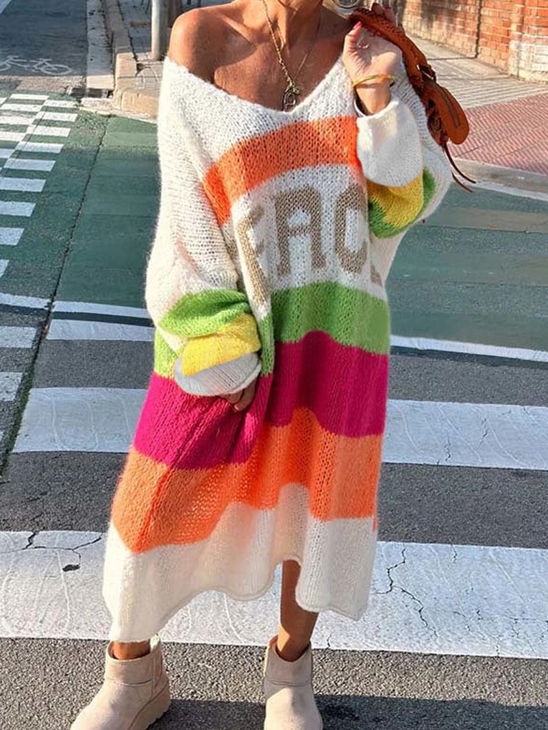 

Bold & Beautiful: Plus Size Letter Graphic Sweater Dress in Color Block