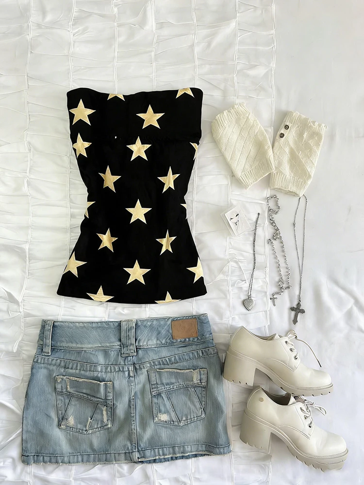 

Модный женский летний топ-бюстье с открытыми плечами и принтом черных звезд, из смесового хлопка, для повседневной носки