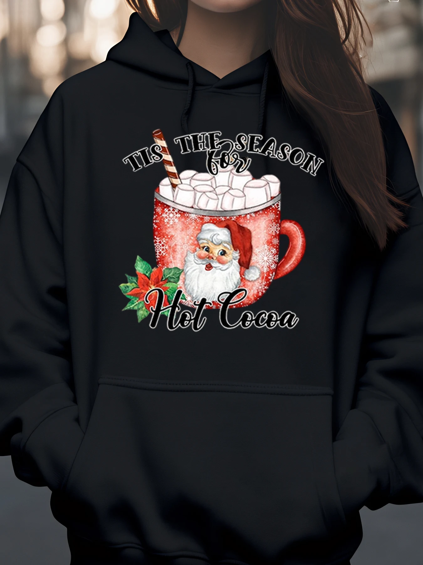 Bluza świąteczna z nadrukiem kubka gorącej czekolady od Świętego Mikołaja, ciepła i wygodna odzież zimowa dla kobiet i mężczyzn.