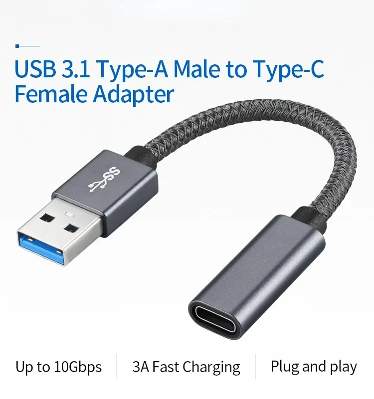Black Gray Braided USB C Female To USB 3.1 Male Adapter Date Cable Extension Type C Female To USB A Male Adapter Up To 10Gbps