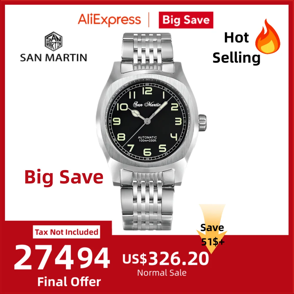 San Martin 38.5mm Military Style Men Mechanical Watches PT5000 Automatic Sapphire Relogio Masculino Waterproof 10Bar SN0026AG
