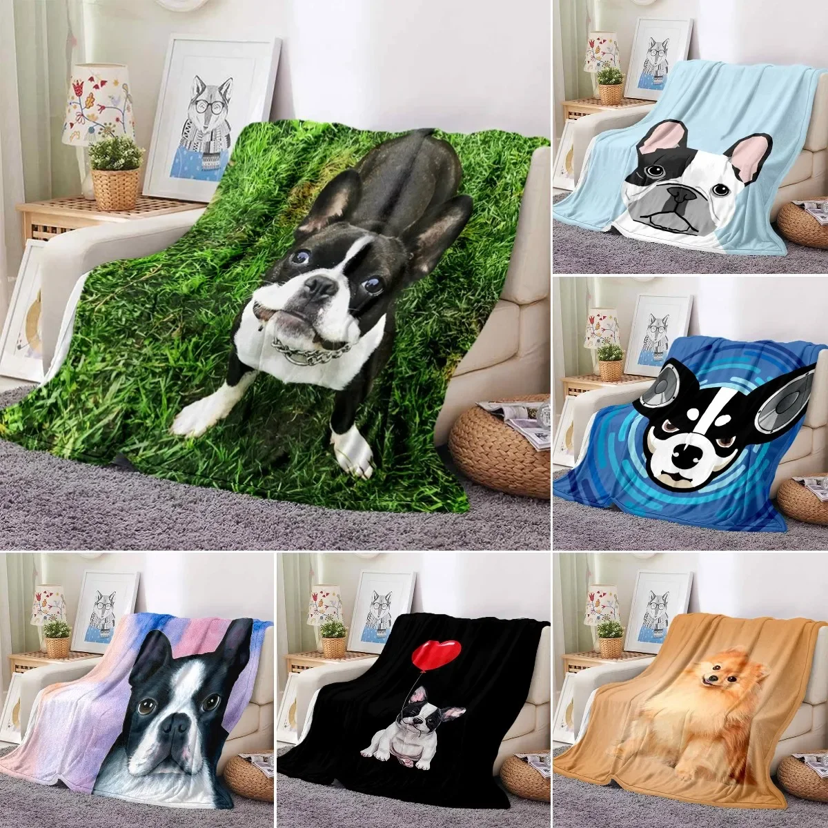 Boston Terrier Dog Pug Cartoon Blanket Super Soft Flannel Throw Blanket for Bedroom Couch Sofa Gift for Boy Girl King Queen Size