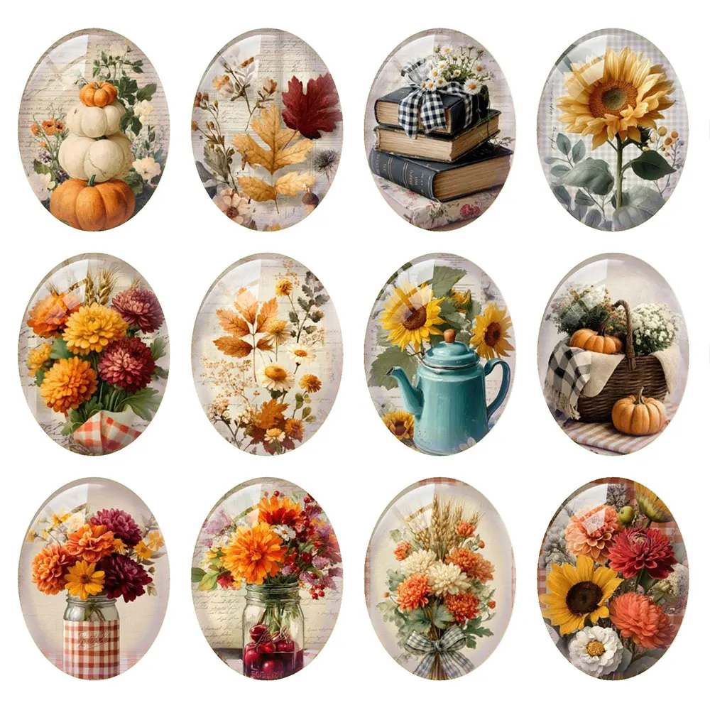 Random Mixed Round/Oval/Square Autumn Harvest Sunflower Pumpkin Photo Glass Cabochon Flatback Demo Cameo For Diy Jewelry Making