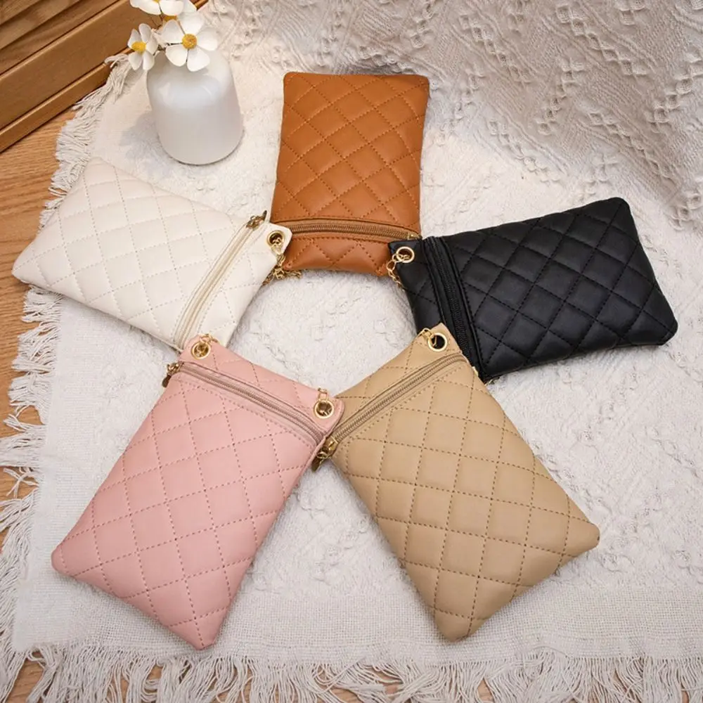 Bolso de teléfono con cadena de celosía rómbica, monedero de cuero PU con cremallera Simple, bolso cruzado de cuero PU, bolso de maquillaje para teléfono móvil para mujer