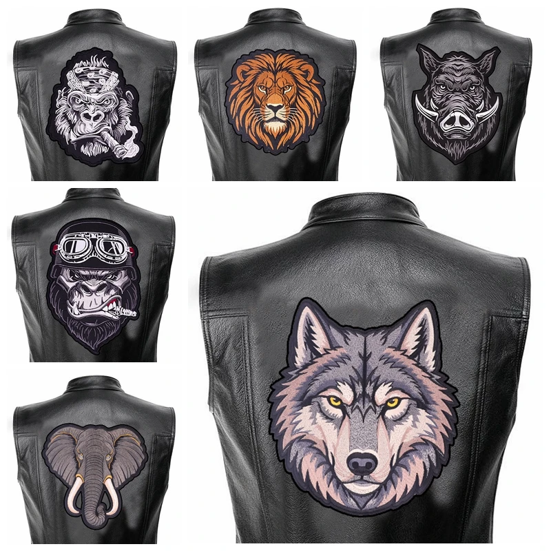 2026 Neue große bestickte Leder-Rückenpatches für Motorradfahrer – Wolf, Löwe, Affe Aufbügelpatches für Kleidung DIY