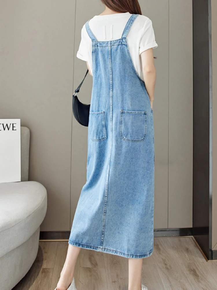 2023 New S-5XL Denim Tank Top Dress Women\'s Fashion Loose Comfort Summer French Retro Large Pocket Strap Dress