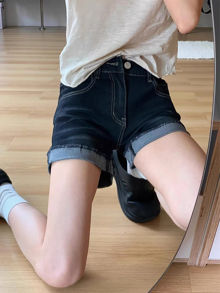 

High Waist Slimming Blue Denim orts Women's Summer Thin Cotton Elastic Straight Leg Hot Pants Retro American Sle plus Size