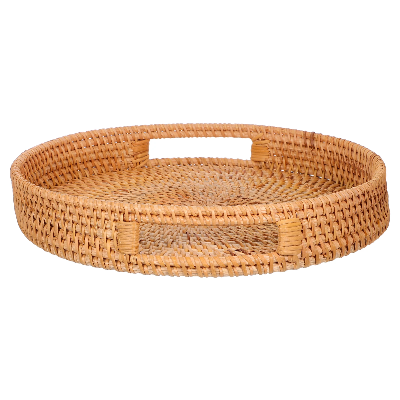 

14-Inch Round Rattan Serving Tray Handwoven Basket Hollow Handle Portable Storage Natural Woven Tray For Kitchen Outdoor Use