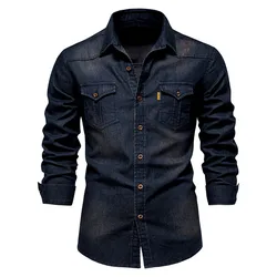 2024 Trend denim top men's non-ironing shirt Casual solid color cardigan non-ironing men's long-sleeved shirt