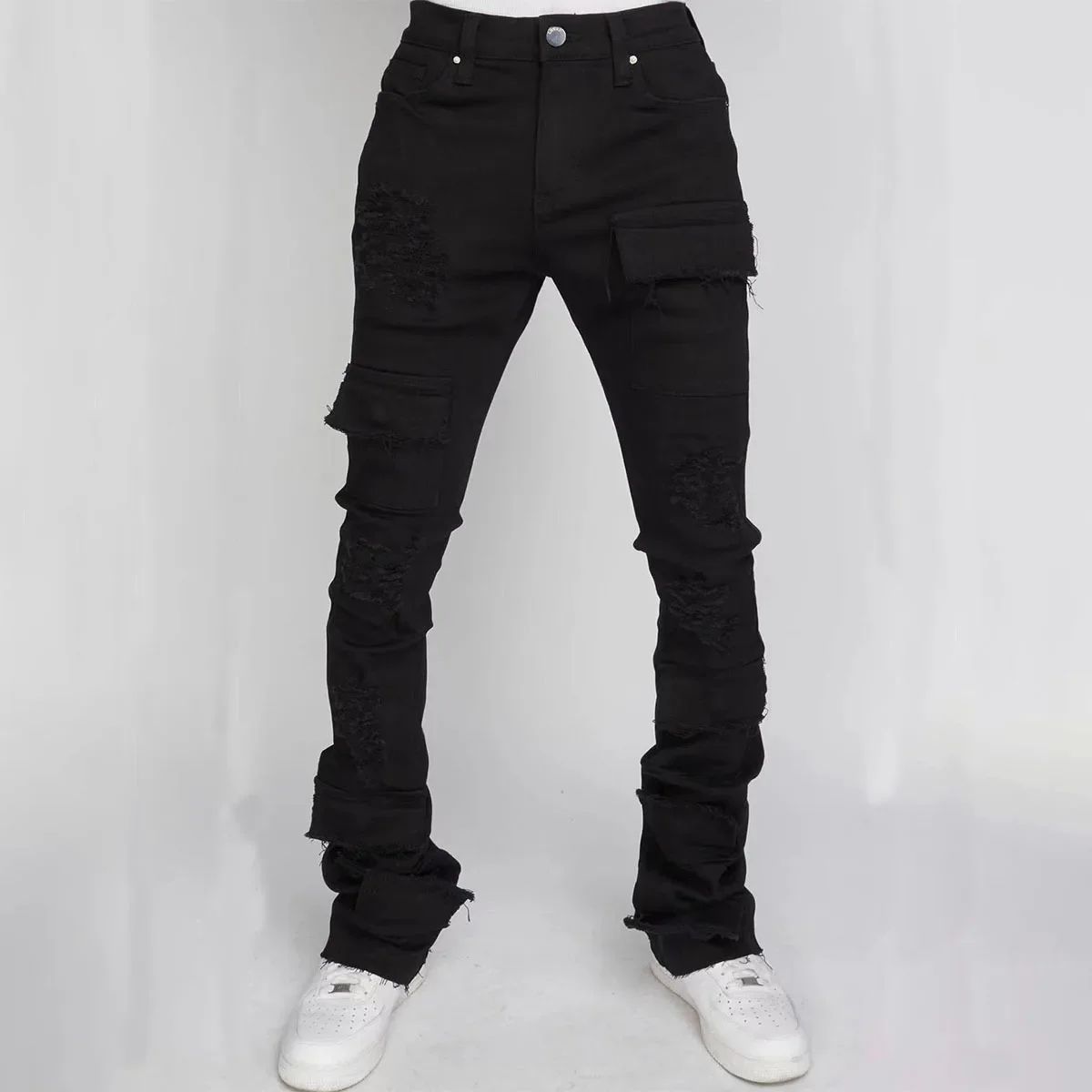 Neue Männer Flare Hosen Loch Gerade Hosen Lange Hose DenimSlim Fit Hohe Taille Casual Taste Tasche Splice Herbst Winter Jeans