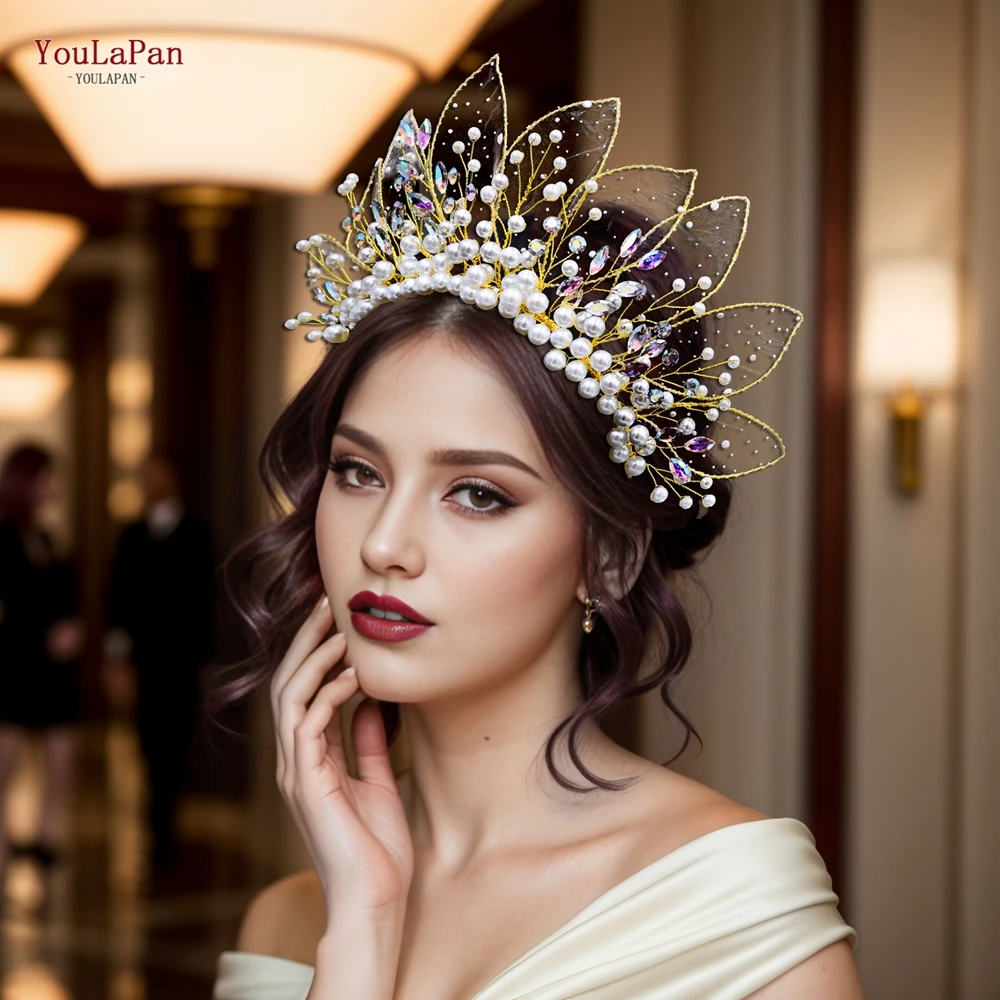 

YouLaPan Gold Color Crown Tiara For Bridal Colorful Rhinestone With Pearl Headband Accessories Princess Wedding Crown HP670