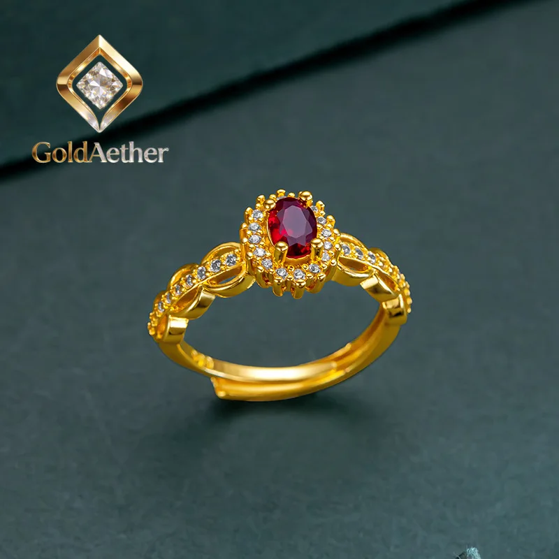 GoldAether Luxury 24K 9999 Pure Gold real gold Vintage Lace Red Diamond Women's Ring Adjustable Women's Ring for Lover Gift