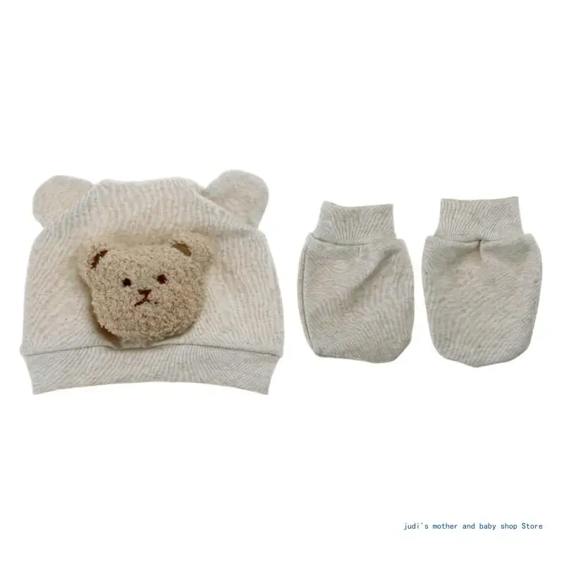 Baby Gift set Lovely Bear Ear Hat & Anti Scratch Mittens Combo Soft & Warm Baby with Gloves set for Newborns Gift