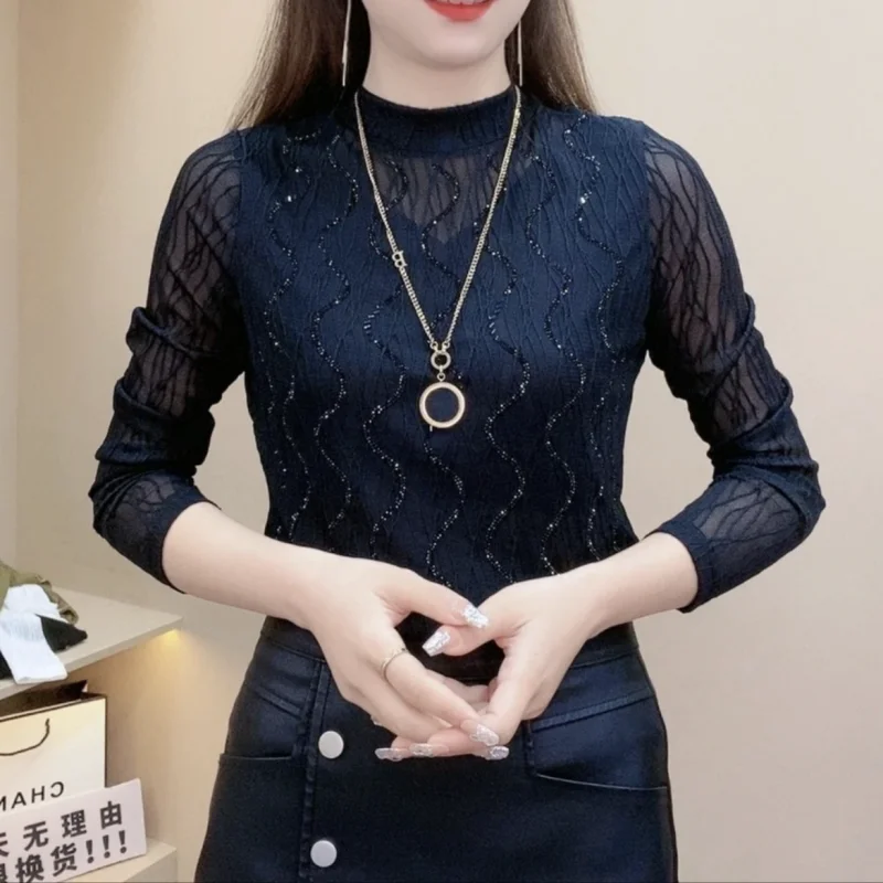 Elegant Fashion Diamonds Spliced Solid Color T-shirt Women\'s Clothing Winter Casual All-match Lace Long Sleeve Pullovers Tops