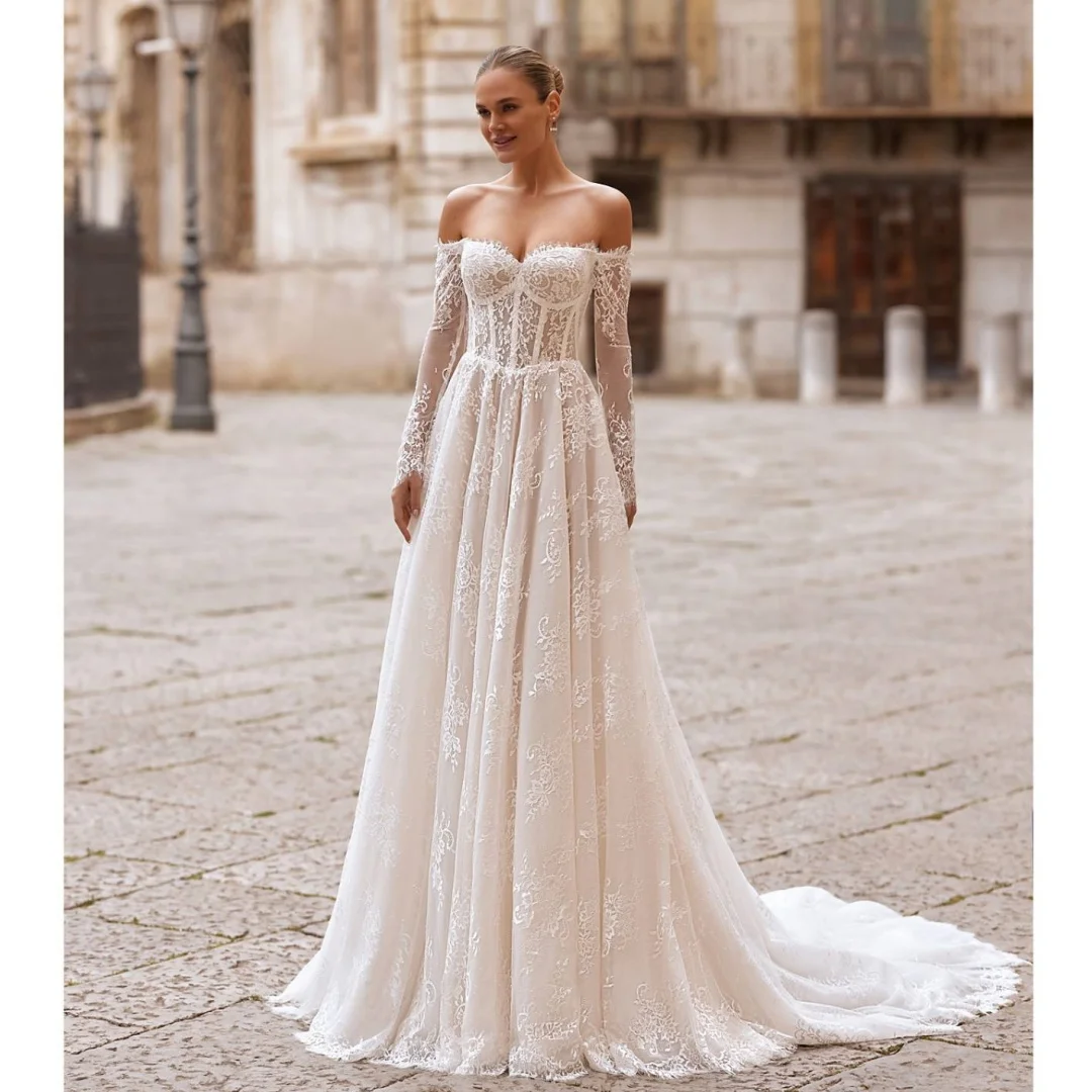 

Lace Corset Wedding Dresses Off the Shoulder Long Sleeves Bridal Gown Illusion Exquisite robe de mariée Customized