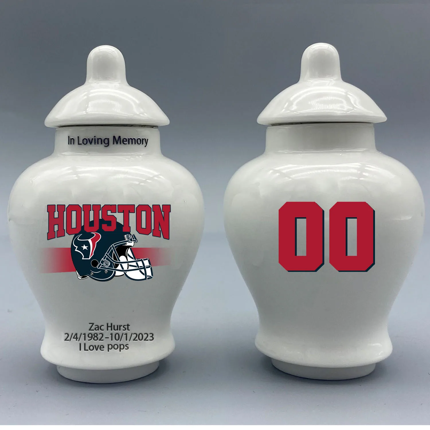 

Mini Urn for Houston Texans-themed Logo Urn.Please send me the customization information - name/date and number on the urn!