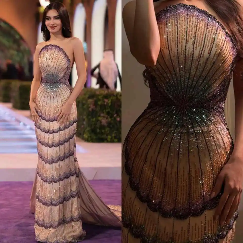 

Sharon Said Luxury Mermaid Evening Dress Heavy Beaded Scallop Pattern with Train Women Wedding Party Gown Customized