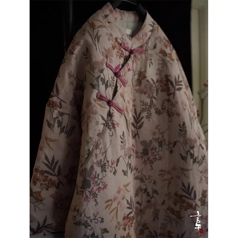 Vestido acolchado con botonadura inclinada y estampado de ramio Retro para mujer, ropa de algodón de longitud media, chaqueta cálida Zen china de