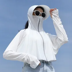 UPF 50+ Women Sunscreen Hoodie Solid Color Thin Ice Silk Summer UV Protection Long-sleeved Jacket Breathable Shirt Clothing