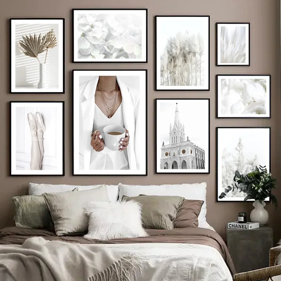 Church Palm Vase Dried Reed White Flower Girl Wall Art Canvas Painting Nordic Posters And Prints Decor Pictures For Living Room