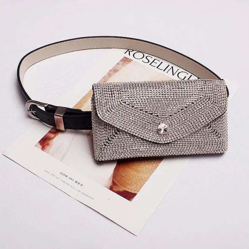 Glitter Full Diamond Waist Bag New Fashion Dark Buckle Pu Leather Belt Pockets Belt Ladies Dual-use Three Optional Tide Bag 729