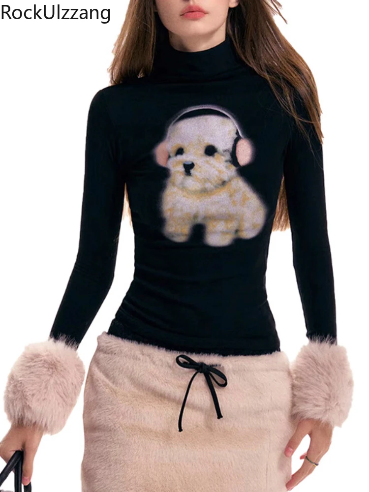 

Y2k Aesthetic Cartoon Kawaii Dog Print Crop Top Patchwork Fluffy Long Sleeve T-shirt Women O Neck Slim Grunge Tee Shirts Femme