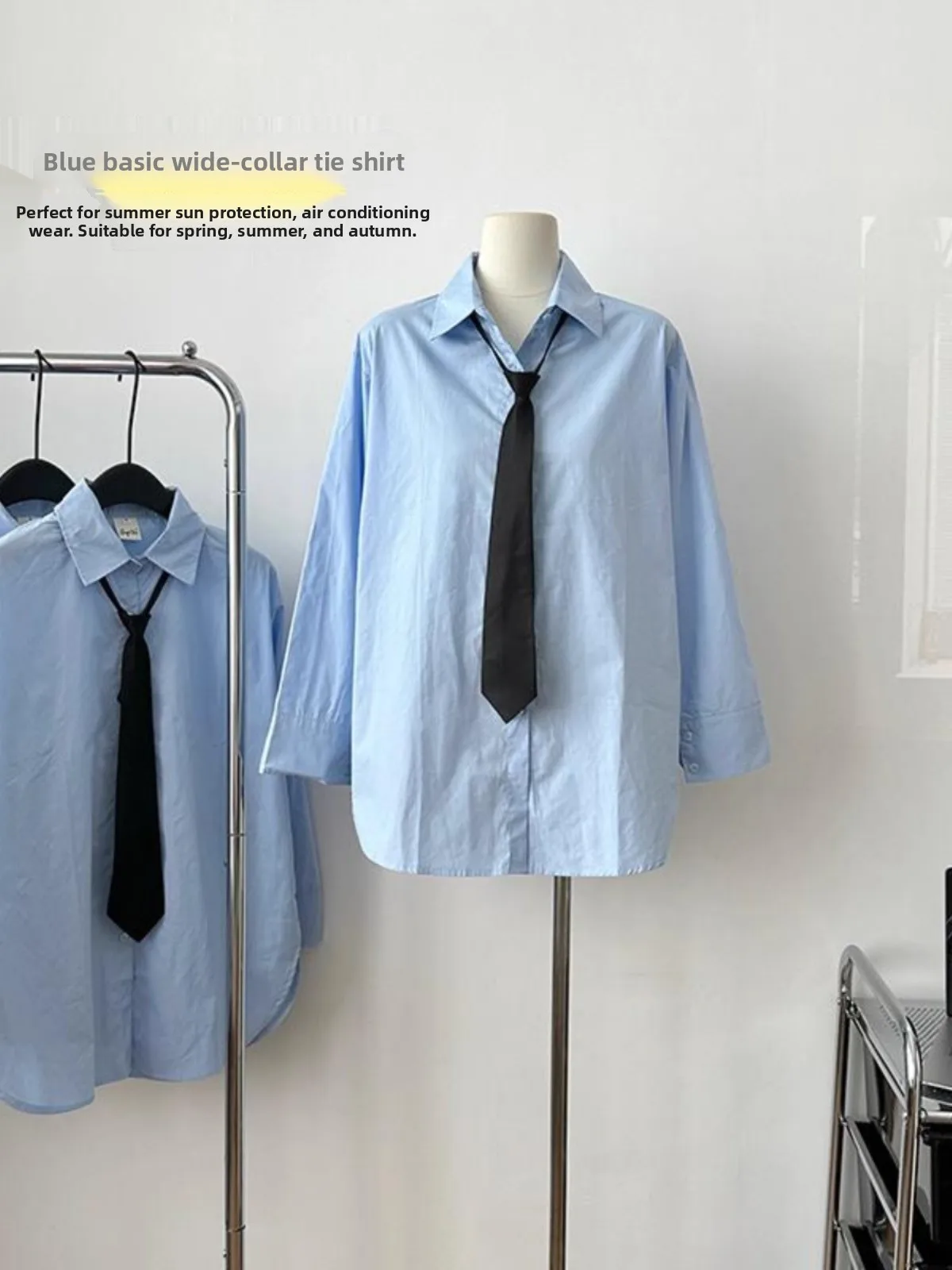 

Light Blue Long Sleeve Women's Shirt Vintage Hong Kong Style Boyfriend Loose Fit Casual Shirt Trendy Spring Autumn