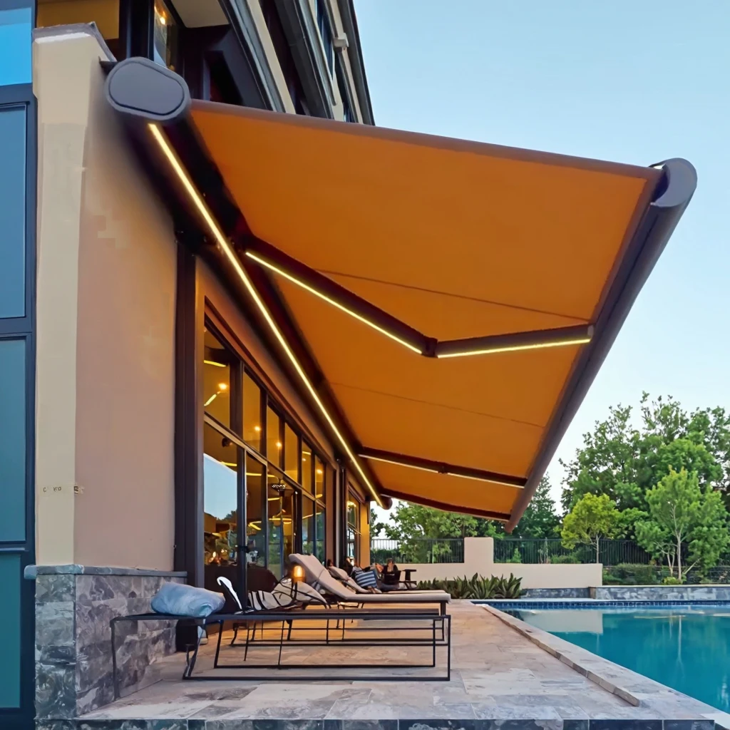 electric full roller shade awning with remote control, luxury style, UV protection, suitable for outdoor gardens and balconies