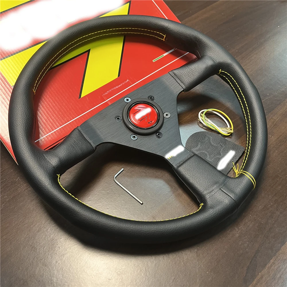 14inch/350mm For momo Italy Black Genuine Leather Drift Sport Steering Wheel Yellow line Flat modified steering wheel