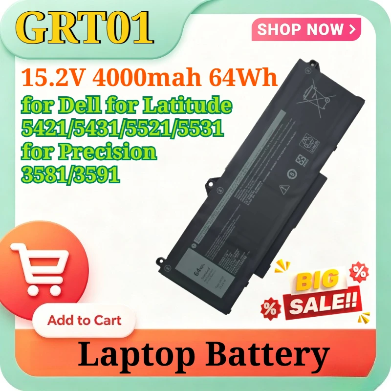 

Аккумулятор для ноутбука GRT01 15.2V 64Wh, совместимый с Dell Latitude 5421/5431/5521/5531, Precision 3581/3591, мобильными рабочими станциями
