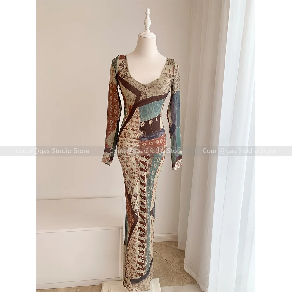 Vintage French silk printed dress women 2024 new design sense Slim thin sexy package hip long skirt