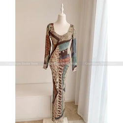 Vintage French silk printed dress women 2024 new design sense Slim thin sexy package hip long skirt