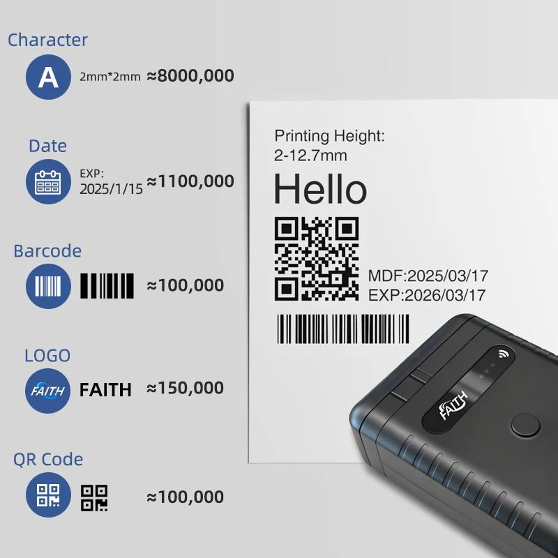 Faith 12.7mm Wifi Portable Inkjet Printer Mini Handheld Printer 600dpi Multiple Languages for Batch Serial Number Plastic Wood