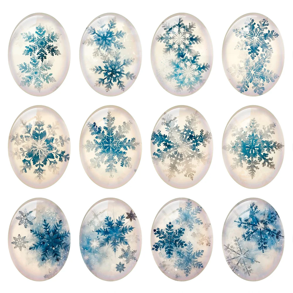 

10pcs/lot Christmas X-mas Blue Snowflakes Winter Snow Flower Oval Photo Glass Cabochon Flatback Demo Cameo Diy Jewelry Making