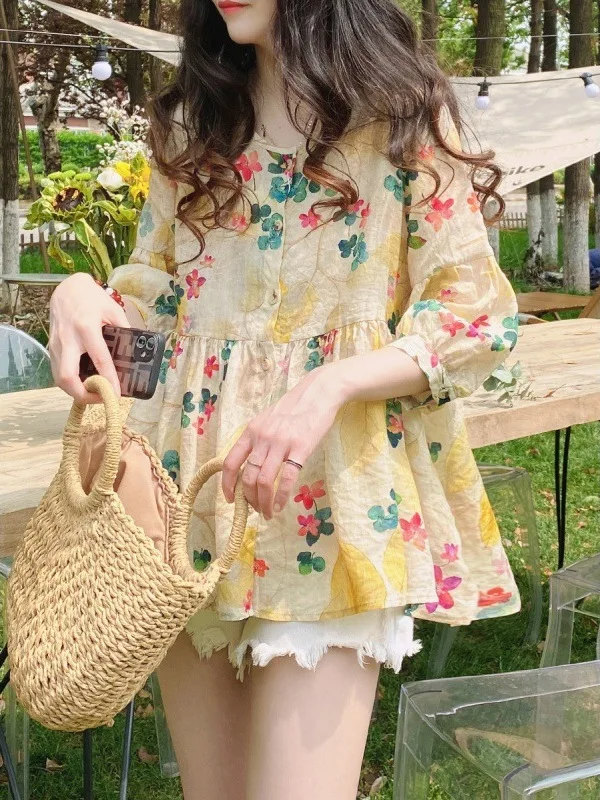 Blusa holgada de manga media, camisa pequeña y esponjosa con escote Corazón, fragmentada, versión coreana, para verano, P6S2, 2024