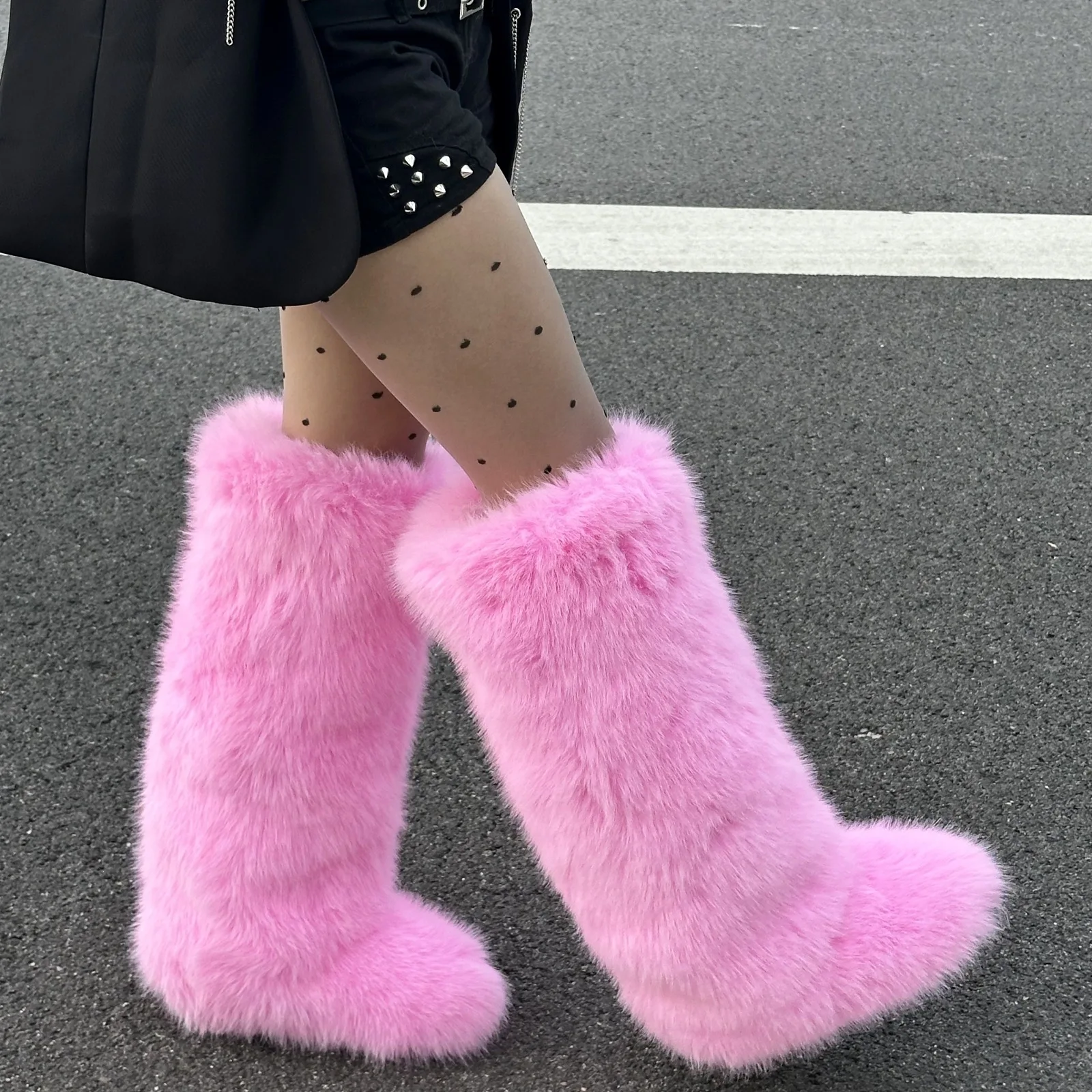 Botas altas hasta la rodilla de piel sintética de zorro para mujer, con suela gruesa y esponjosa, de fácil calzado, largas y peludas, estilo Y2K, calzado cálido para invierno, festivales y actividades al aire libre.