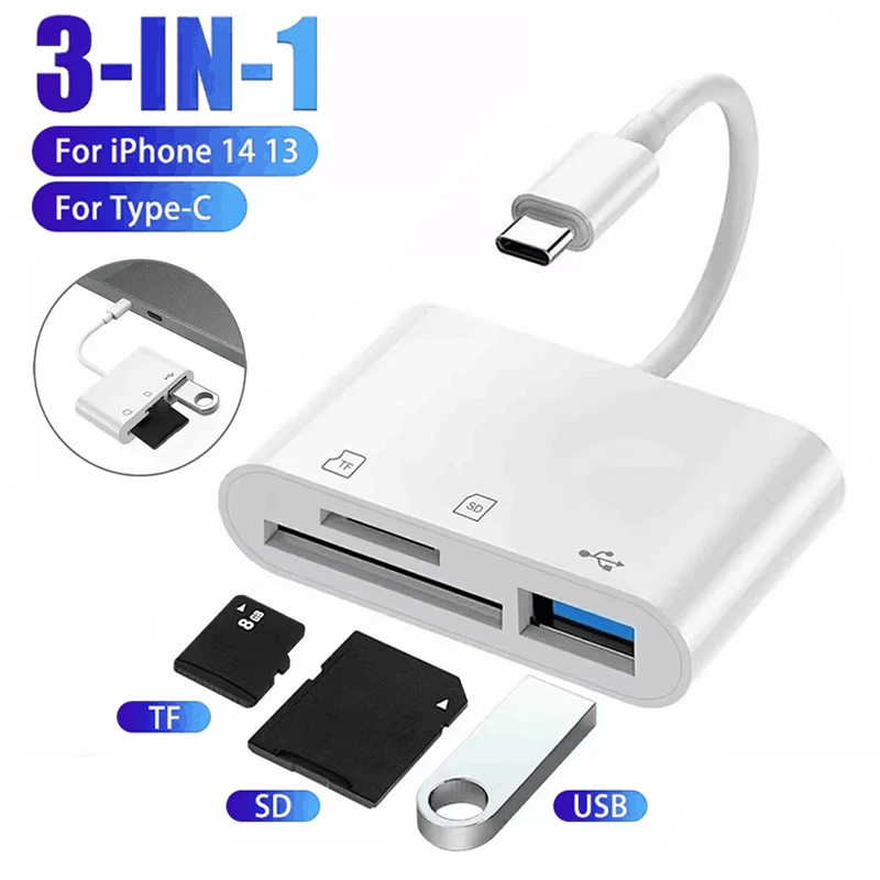 1-3 PCS Type C OTG Adapter TF/SD Card Reader For iPhone for Xiaomi Cell phone Accessories 3 in 1 USB C to A Connector