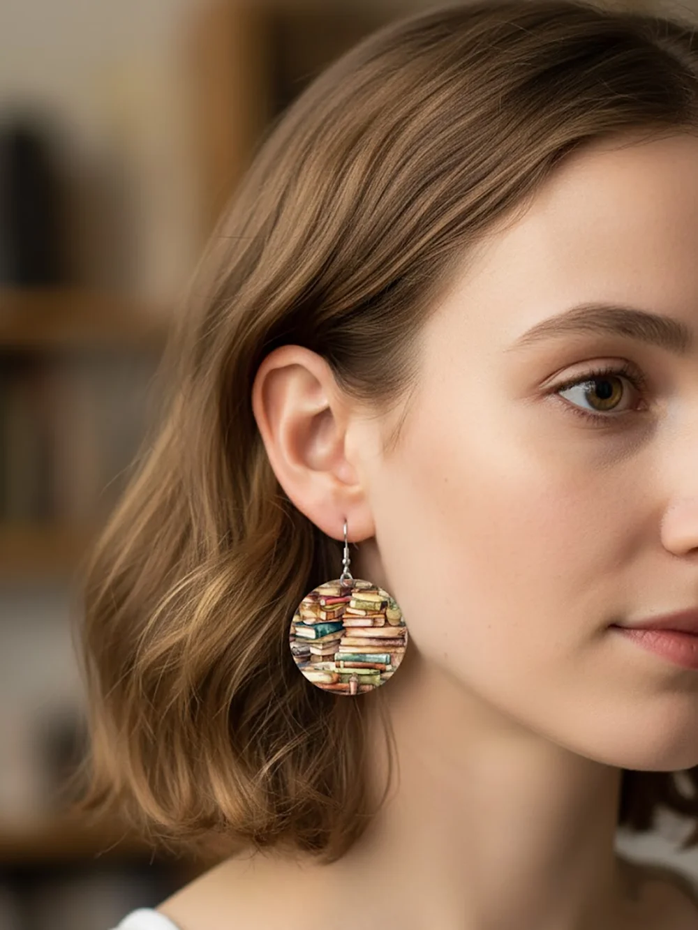 4 Pairs/Set, Women's Fashionable Round Dangle Earring Set, Vintage Preppy Style with Colorful Book Pile and Globe Print Wooden Earrings, Suitable for Everyday Campus Wear, Teacher's Day Back-To-School Gift