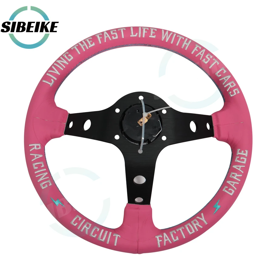 JDM 13inch Universal Pink Leather Steering Wheel VERTEX Fatlace Embroidery Sports Steering Wheel