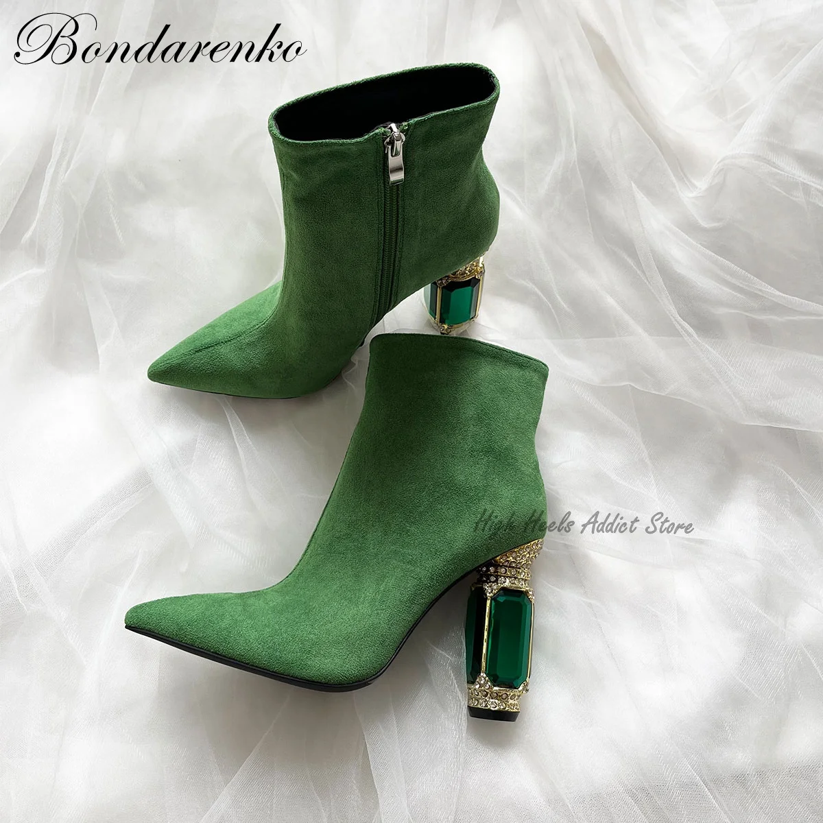 Women Green Real Leather Glass Heel Ankle Boots Black Suede Pointed Toe Chunky Zipper Gem Booties Luxury Designer Shoes