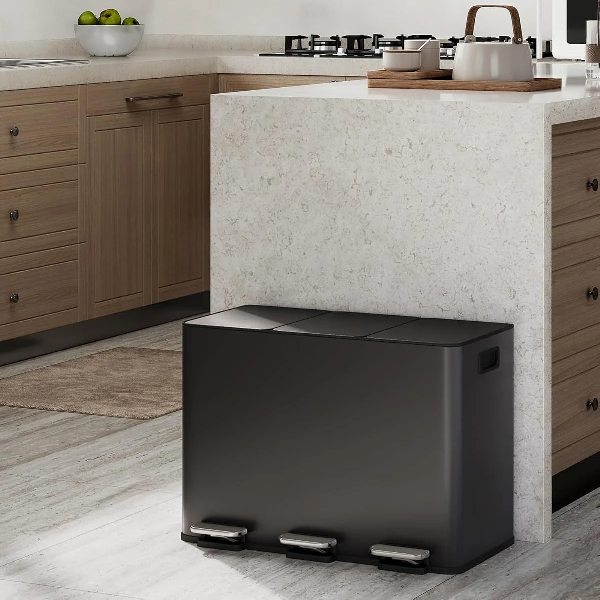 Cubo de basura de cocina de 3 compartimentos, 3 x 15L, de acero inoxidable, con tapa de cierre suave, pedal y cubos interiores extraíbles.