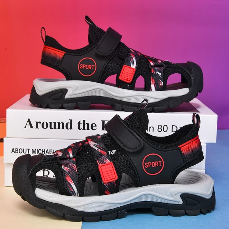 

Летние детские сандалии с закрытым носком для мальчиков и девочек, уличные пляжные туфли, дышащие сетчатые нескользящие водонепроницаемые туфли для походов с защитой от ударов