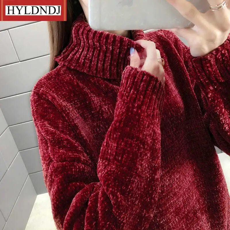 Women Autumn and Winter 2023 Fashion New Chenille Turtleneck Sweater Loose Solid Color Long-Sleeved Pullover Knit Top