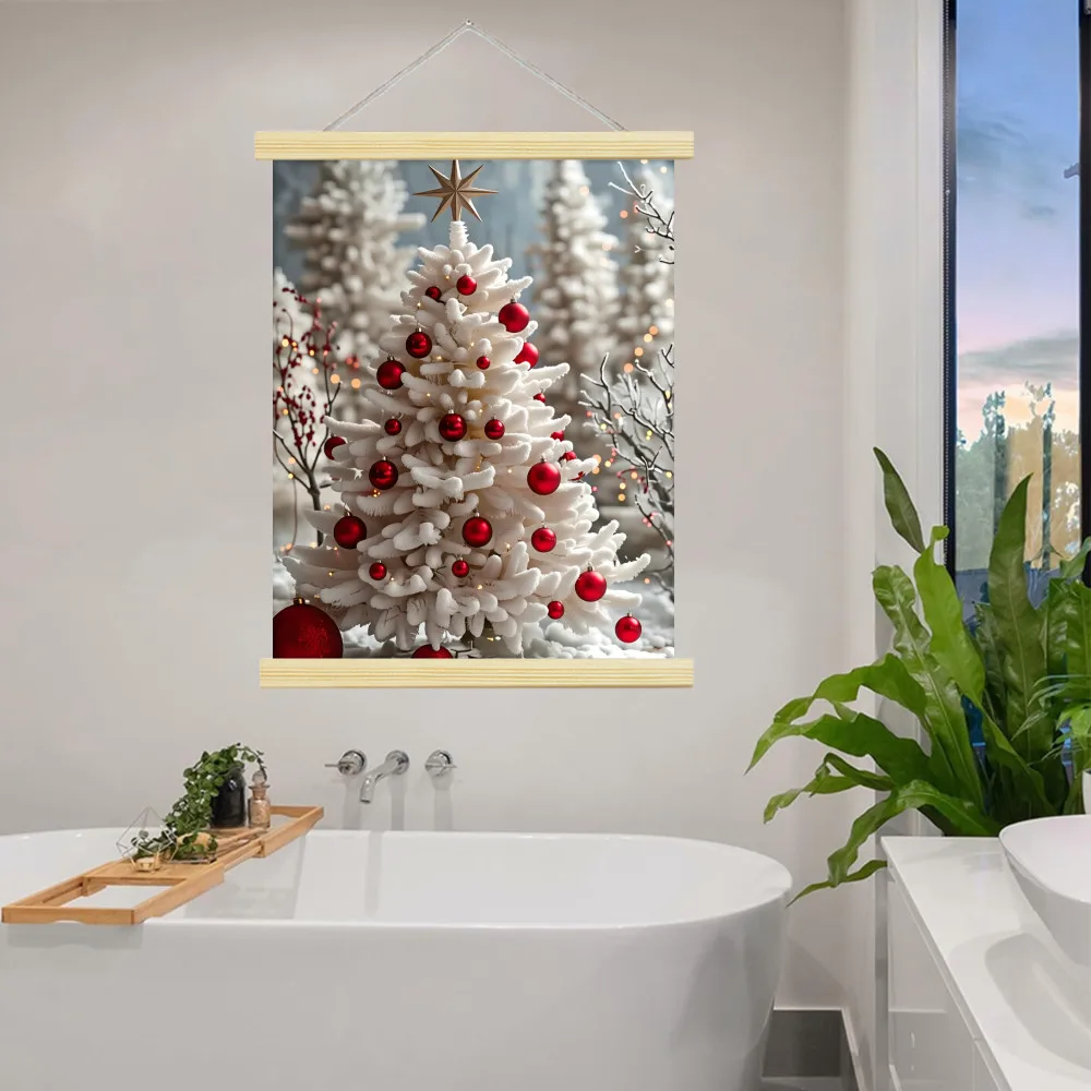 Christmas Tree Soild Wood Scroll Art Prints Poster Red Birds and Snowy Forest Print for Home Decor and Holiday Season Decoration