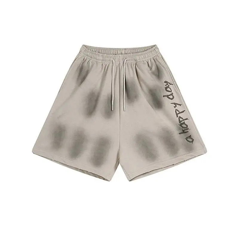 Loose Wide Cotton Leg Men's Joggers Shorts Faded Letter Print Elastic Drawstring Summer Casual Knee Length Pants K4RI