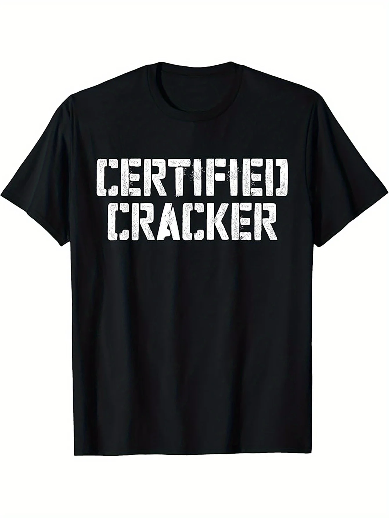 Camiseta Certificada Cracker para Hombre, Negra, de Algodón, Cuello Redondo Informal, con Letras Blancas en Relieve, Manga Corta, Lavable a Máquina